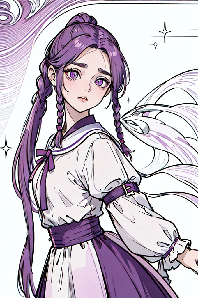 Long, straight hair, typically tied back in a ponytail with small braids; purple in color. Almond-shaped eyes, with a warm hazel hue, often sparkling with curiosity. Well-groomed brows and slightly arched, giving an expressive look. Soft and rounded jaw, giving a gentle and approachable appearance.