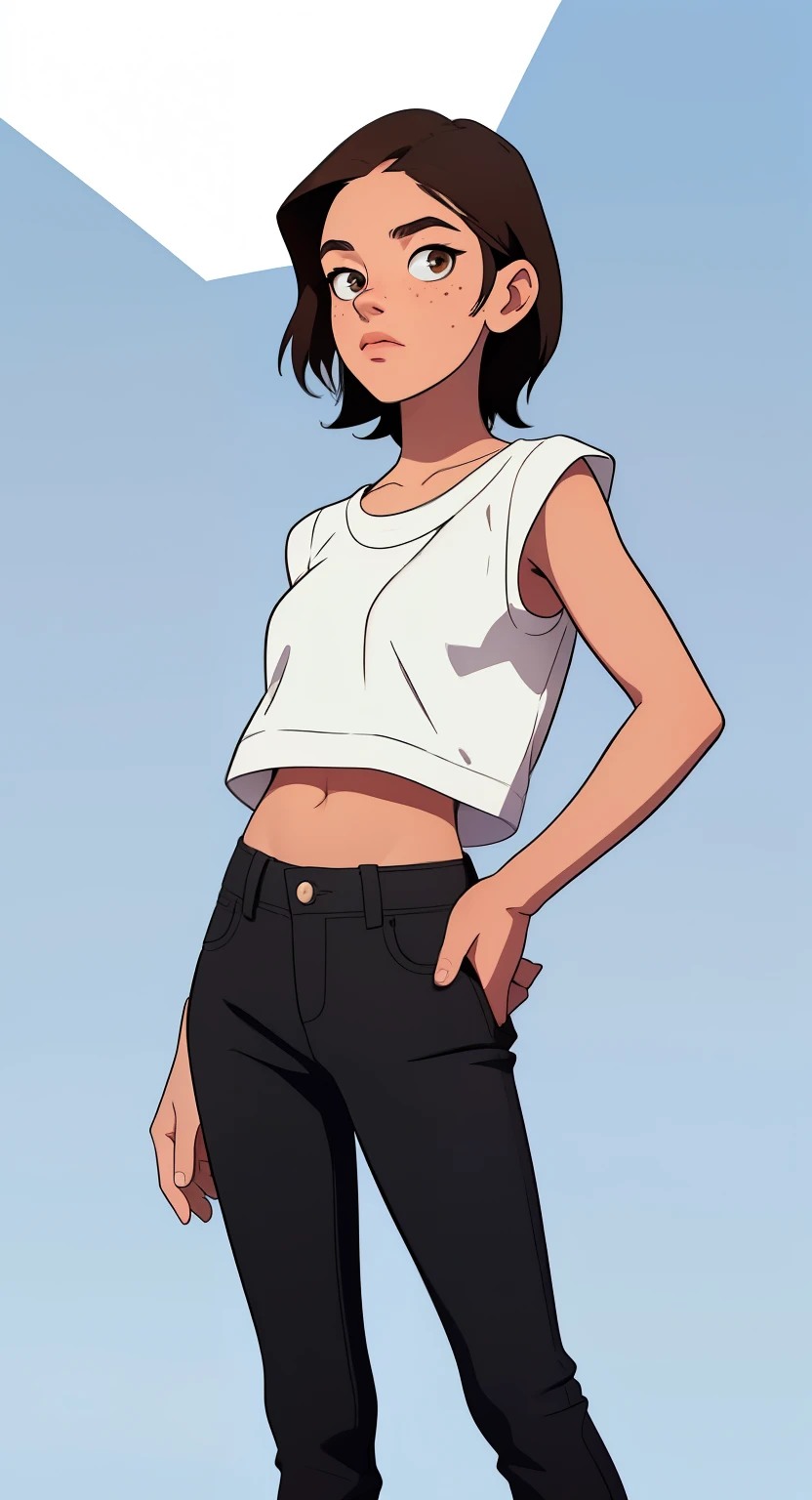 masterpiece, best quality, waist up,1girl,the highest image quality, 17-year-old teenager, looks like rachel bilson, short brown hair, brown eyes, freckles, wearing a blue crop top, black jeans,, White background, empty background, waist up , standing normally, RachelBilson