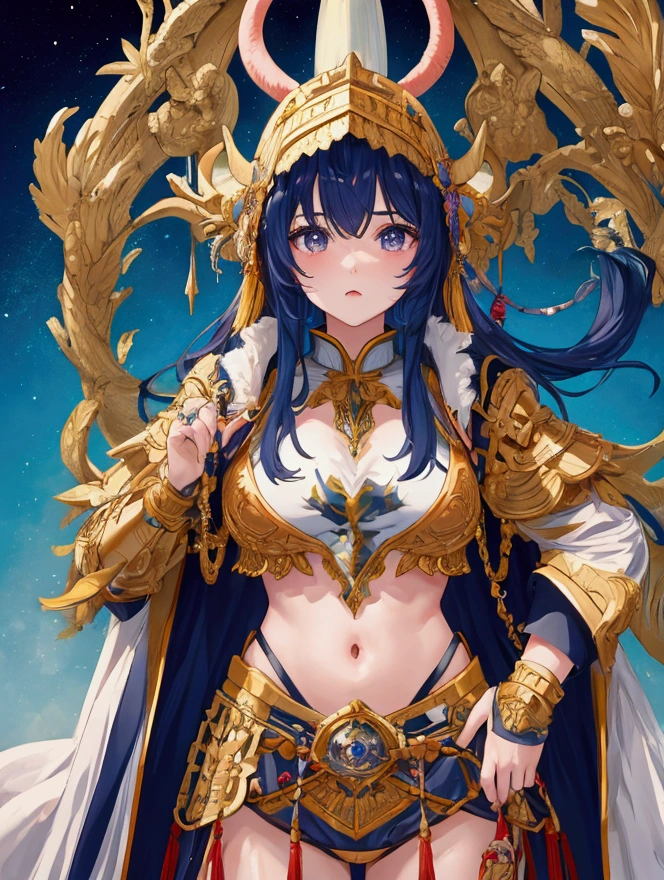 une femme, 25 ans, manga, cheveux longs, cheveux multicolores, high level of detail, saint seiya, armure bleue, bronze armor, blue armor, signes du zodiaque, Dans une montagne, neige, armure du zodiac, zodiac cloth, Carved, topless