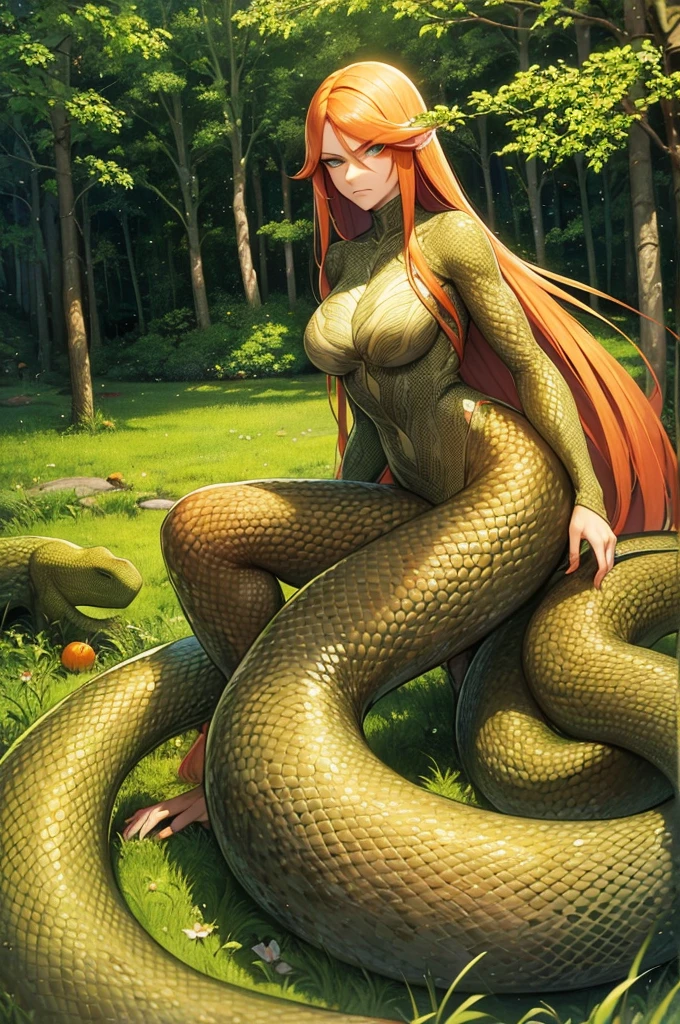 Realistic, 4k, 8k, high resolution, thighs, wide hips, lamia, miia, snake girl, seductive girl, (sfw) safe for work, Monster musume, masterpiece, best quality, ultra detailed, sexy, In the clouds, perfect body, perfect Proportions, beatiful detailed face, muscleig natural breasts,((nude)),((vagina),(cô gái thoát ra khỏi vỏ rắn),( ),(slender),( hands behind your back