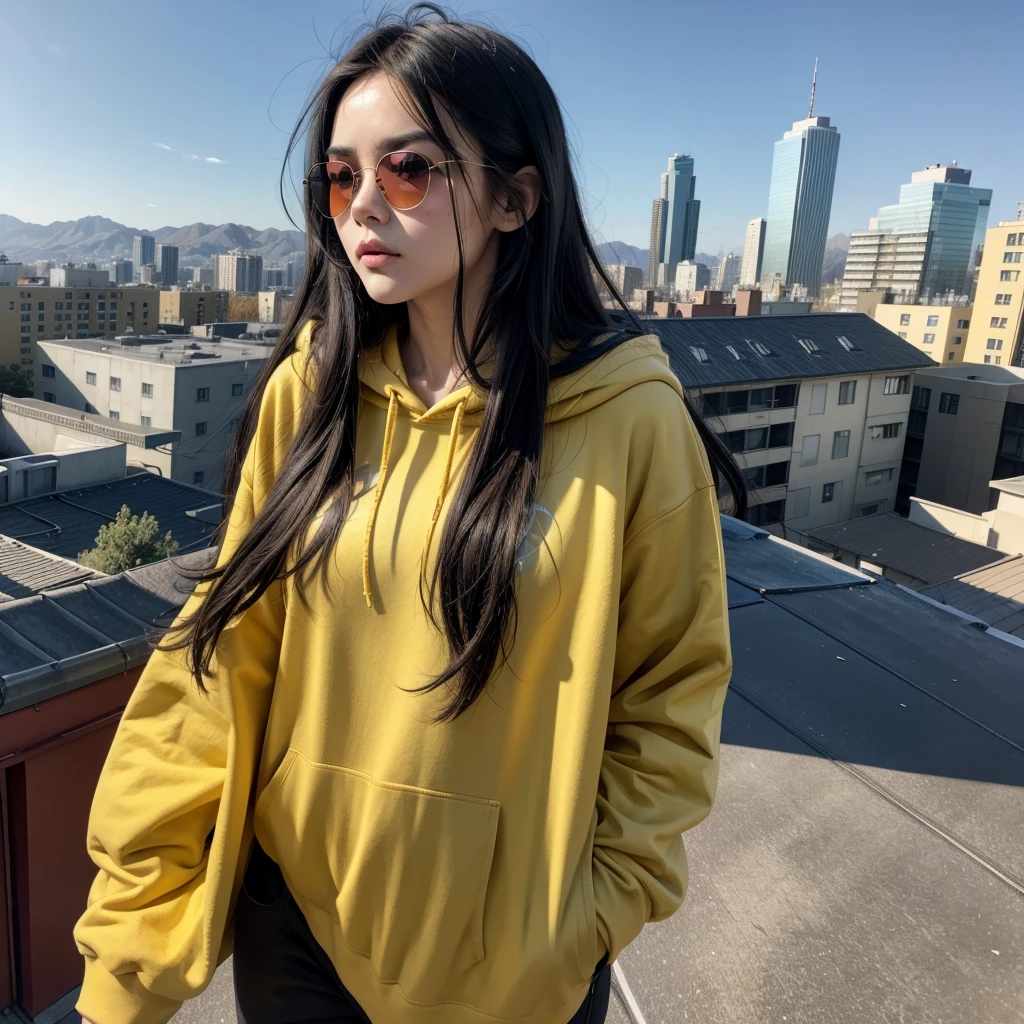 red skin, yellow eyes, long black hair, blue hoodie, walking on the roof, sunglasses