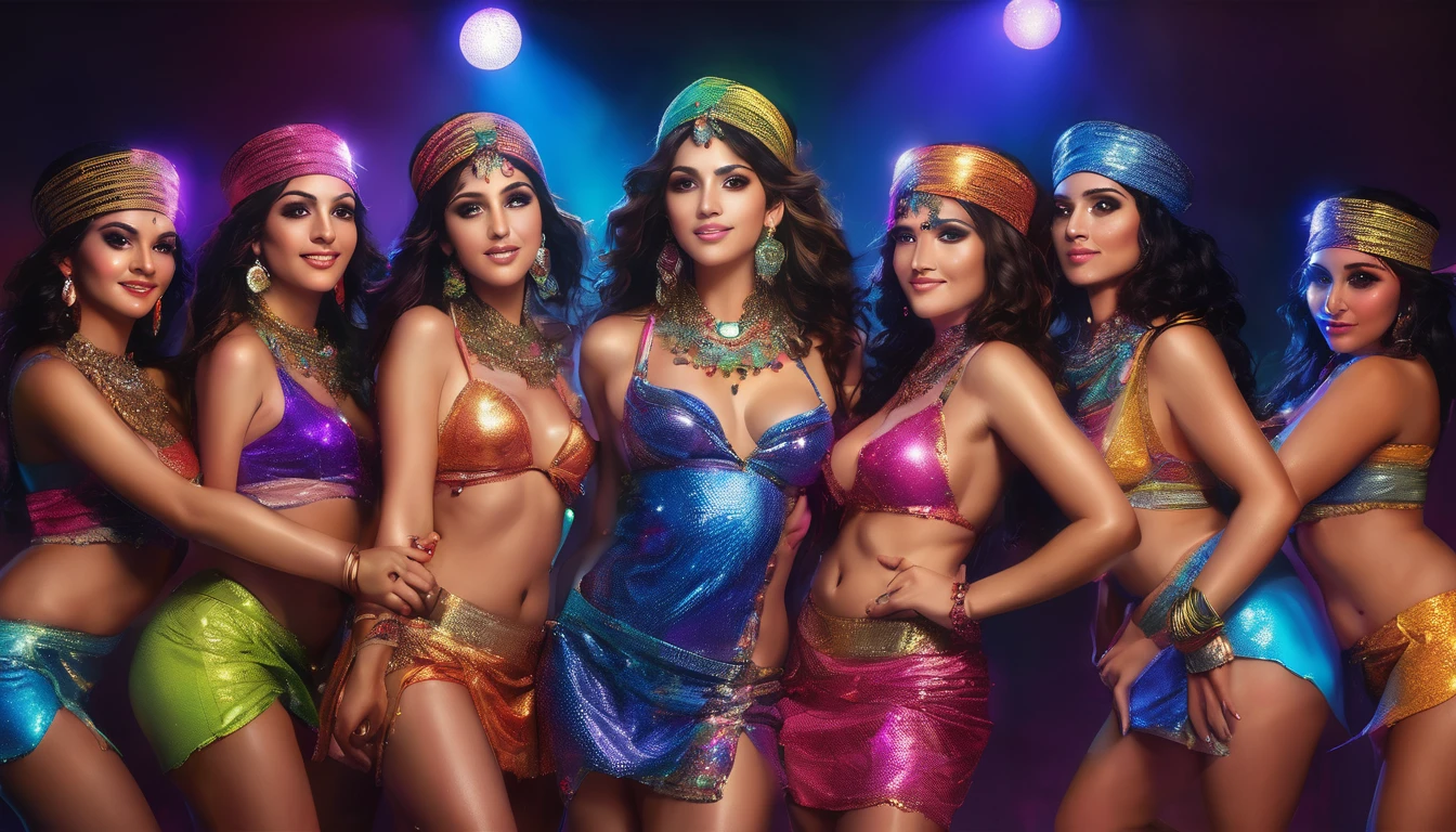 ((Best quality, 8k, Masterpiece: 1.3)), (realistic, photo-realistic: 1.37)one charismatic man surrounded by seven young Egyptian women in distinctive and sexy clothes wearing distinctive headbands with sexy meas lace bras. Seductive faces, Some hug and gently put their hands on his shoulders or body, creating an intimate and voluptuous scene. colourful discotheque lights and partying, full body shot, best quality, masterpiece, photorealistic, point of light