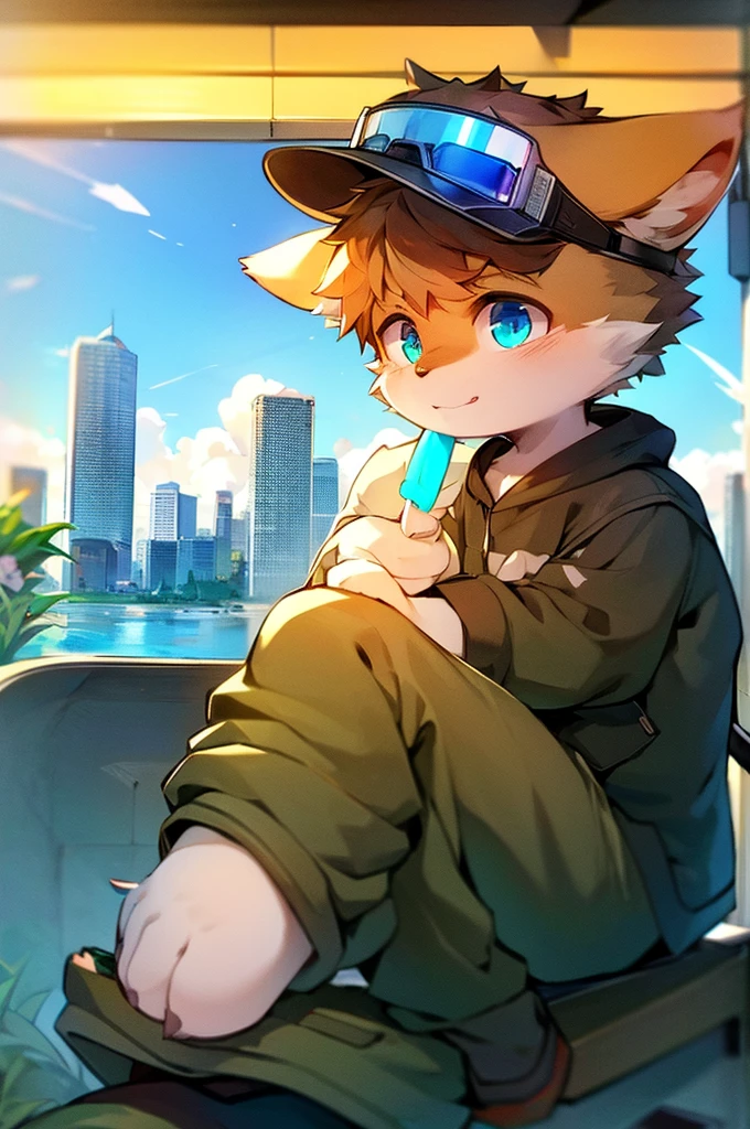 author: author:Kirito, Mammals, Furry, boy, alone, wear, visor, Licking a popsicle, Cityscape