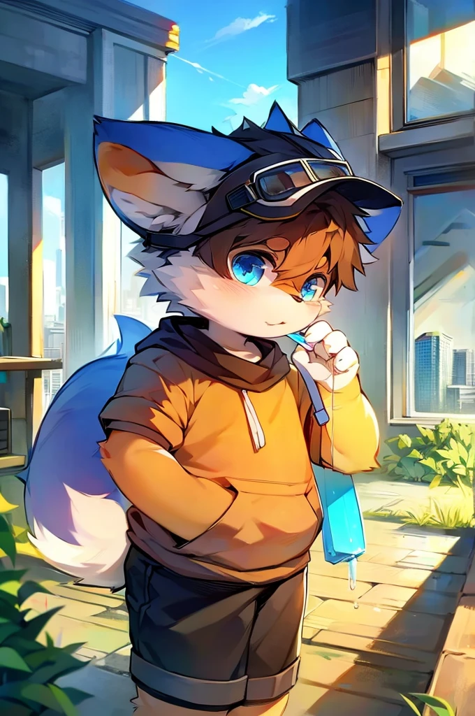 author： author：Kirito, Mammals, Furry, boy, alone, wear, visor, Licking a popsicle, Cityscape