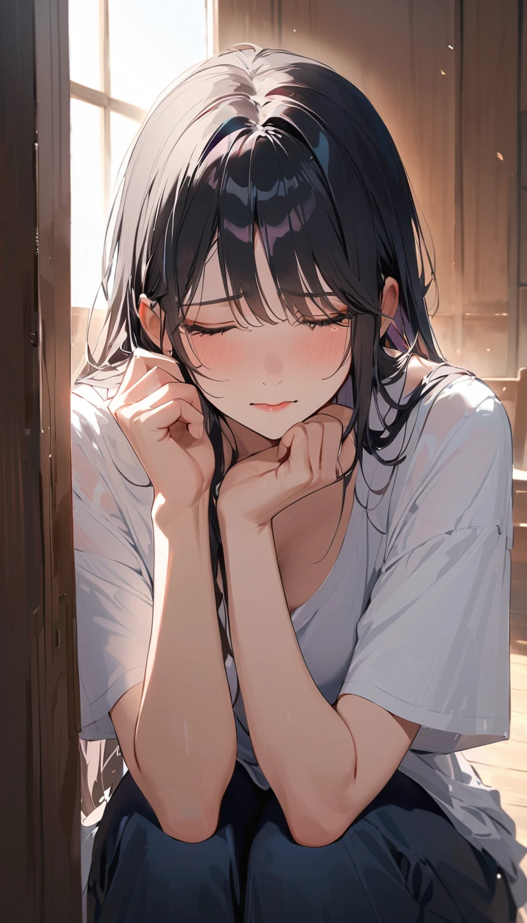 super detail, best quality, a woman in tears, Mature woman, Black Hair, Slender, Wiping away the tears with my hands
