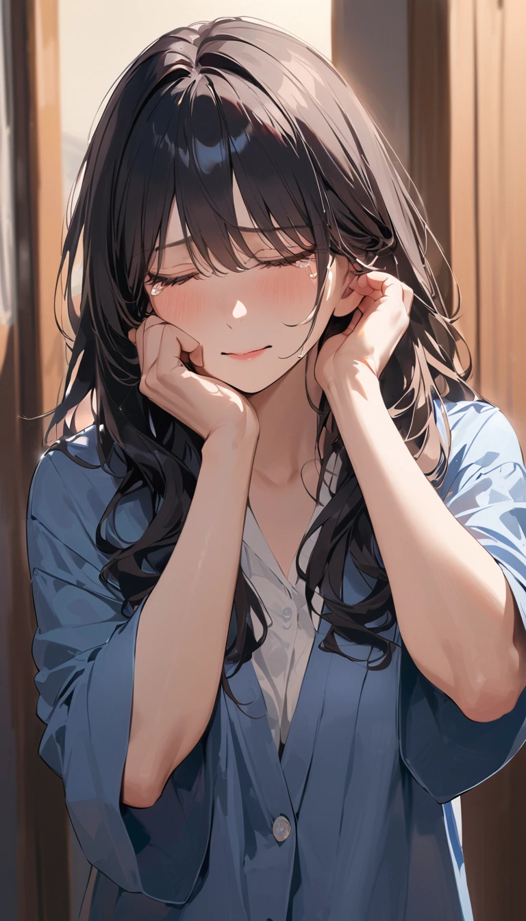 super detail, best quality, a woman in tears, Mature woman, Black Hair, Slender, Wiping away the tears with my hands