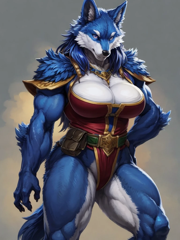 (masterpiece), (best quality),Woman ((anthro)) , (wolf girl),1girl,solo,(sharp focus),((look at viewer)),face focus,EdobWerewolf,,mature female, (ranger outfit), perfect eyes,eyeshadow, dr comet,pochincoff,Pixelsketcher, (mayosplash), (wamudrawasterpiece),cutesexyrobutts, hioshiru,kingbang,shiny skin, fluffy hips, (detailed dark blue fur:1.3),(old school fantasy art),, (massive muscles),((simple background:1.0)),gray background