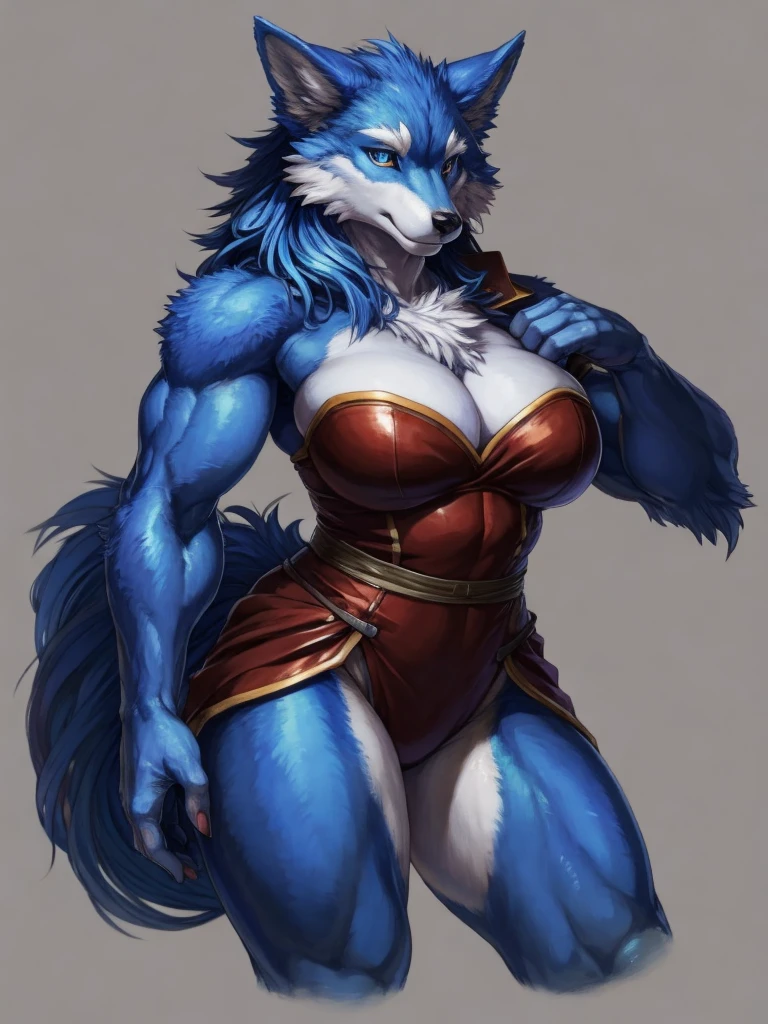 (masterpiece), (best quality),Woman ((anthro)) , (wolf girl),1girl,solo,(sharp focus),((look at viewer)),face focus,EdobWerewolf,,mature female, (ranger outfit), perfect eyes,eyeshadow, dr comet,pochincoff,Pixelsketcher, (mayosplash), (wamudrawasterpiece),cutesexyrobutts, hioshiru,kingbang,shiny skin, fluffy hips, (detailed dark blue fur:1.3),(old school fantasy art),, (massive muscles),((simple background:1.0)),gray background