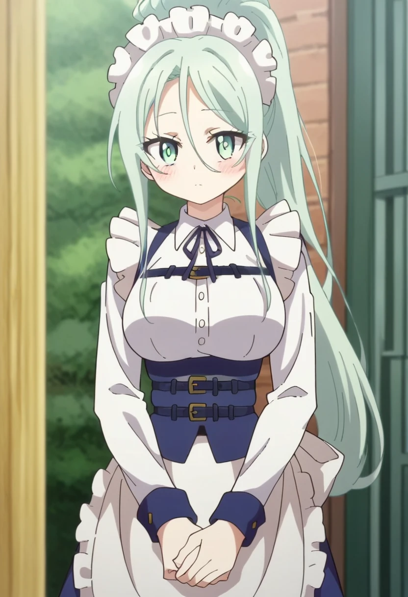 Silpha, length_hair, One girl, green_eye, green_hair, alone, blush, big_chest, ponytail   , Maid_Head ornament, Maid, apron, superiorper body, View your viewers, score_9, score_8_superior, score_7_superior, , anime coloring ,Break Source_anime, anime