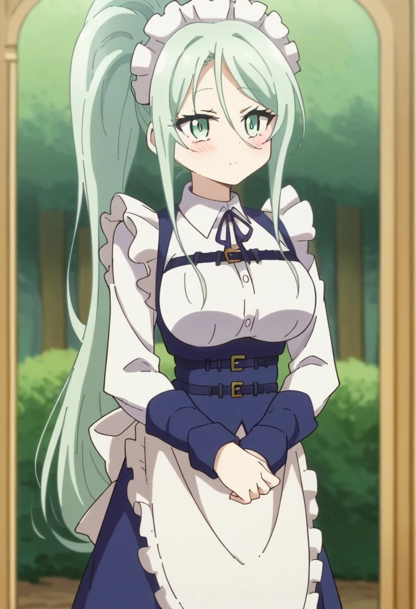 Silpha, length_hair, One girl, green_eye, green_hair, alone, blush, big_chest, ponytail   , Maid_Head ornament, Maid, apron, superiorper body, View your viewers, score_9, score_8_superior, score_7_superior, , anime coloring ,Break Source_anime, anime