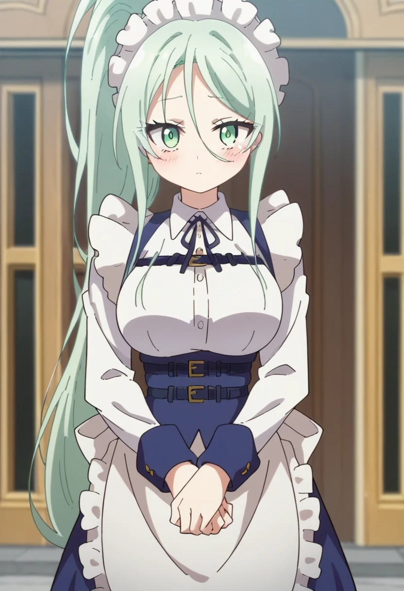 Silpha, length_hair, One girl, green_eye, green_hair, alone, blush, big_chest, ponytail   , Maid_Head ornament, Maid, apron, superiorper body, View your viewers, score_9, score_8_superior, score_7_superior, , anime coloring ,Break Source_anime, anime