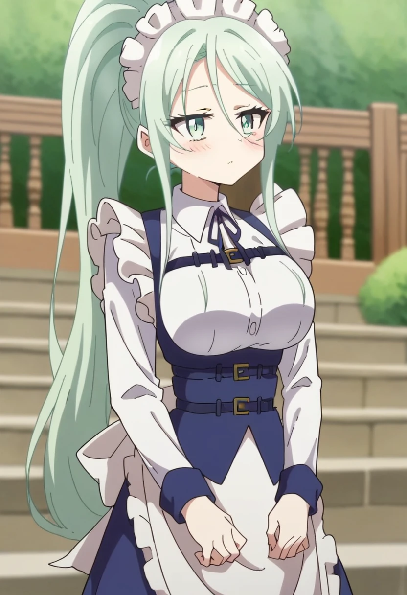 Silpha, length_hair, One girl, green_eye, green_hair, alone, blush, big_chest, ponytail , Maid_Head ornament, Maid, apron, superiorper body, View your viewers, score_9, score_8_superior, score_7_superior, , anime coloring ,Break Source_anime, anime