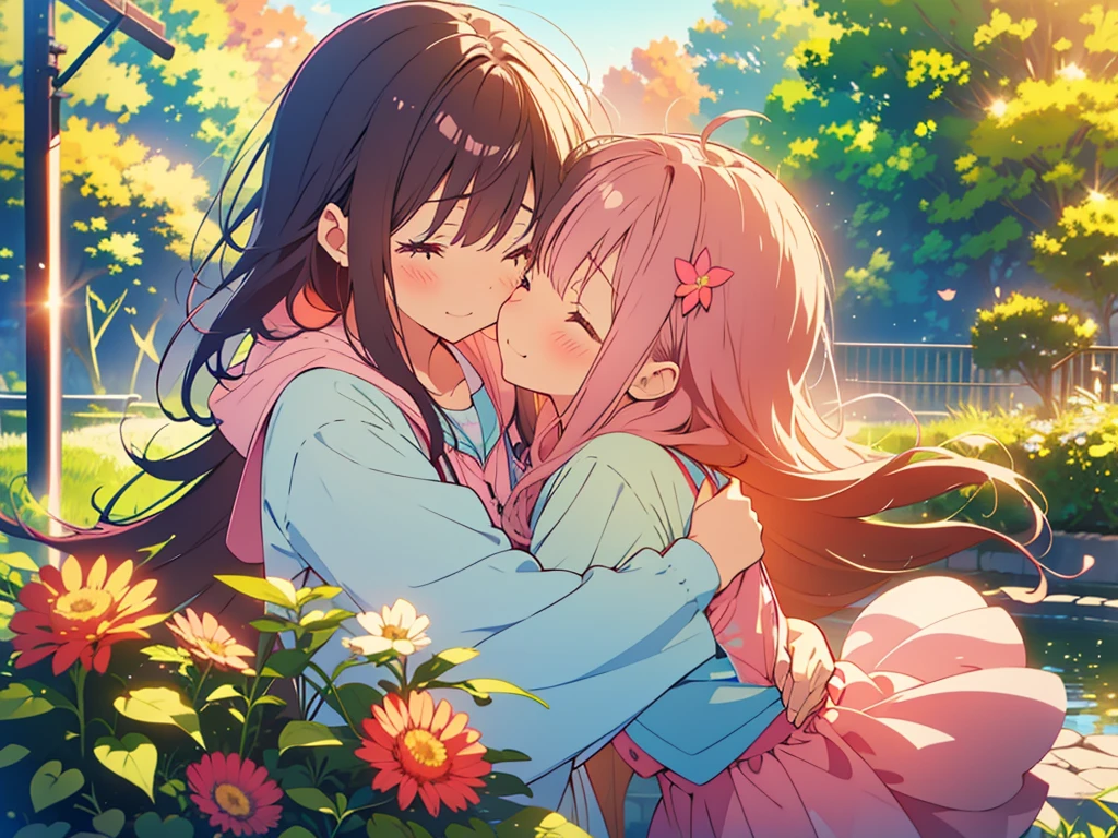 kawaii, anime, Cute, hyper quality, highly detailed, 8k, Clarity, One person has long dark brown hair and green eyes., The other is a young girl with a bright pink short bob and scarlet eyes., Hug each other in Europe's natural water gardens, shed tears, A touching reunion, warm atmosphere, clear blue sky, jump on, whole body, clear air, planted flowers and greenery, Draw facial expressions in detail, highlight on eyes, Close your eyes and cry and laugh, pull perspective, hoodie, Uplifting, jump and hug, Draw the whole body of both of them, light dances, pink hair, Netherlands, pick up a , A small butterfly of light dances, there is a height difference, pink hair, dark brown long hair,