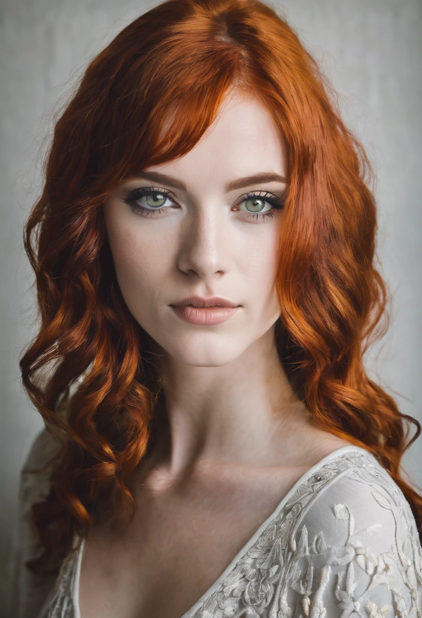 Beautiful red hair woman 20s with orange eyes 