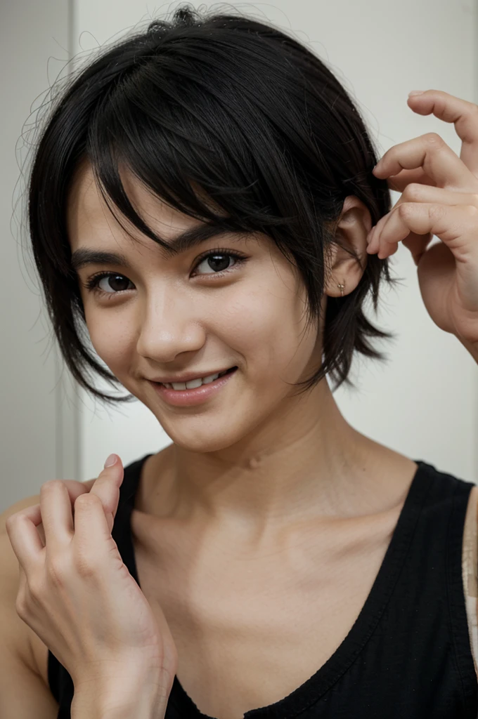 anime, small , man, black haired, smile, make piece signs.