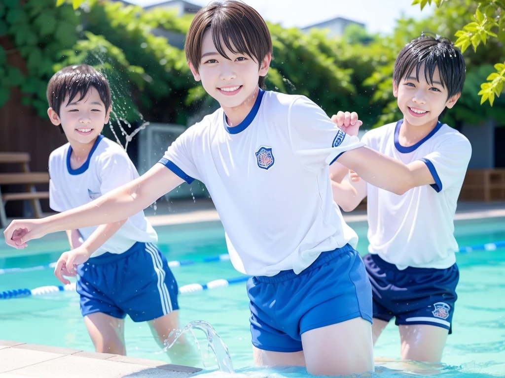 hot summer、、Summer swimming pool、It is sunny、Pouring water on each other、Audible laughter、A lot of boys、Get wet all over、Japan Boy、Glowing water splashes、Pool lessons、Boy playing in water、The happy boys、Strong sunlight、Short sleeve gym uniform、Blue shorts、barefoot,Boys only 、10Year old boy、9Year old boy、Highest quality、masterpiece