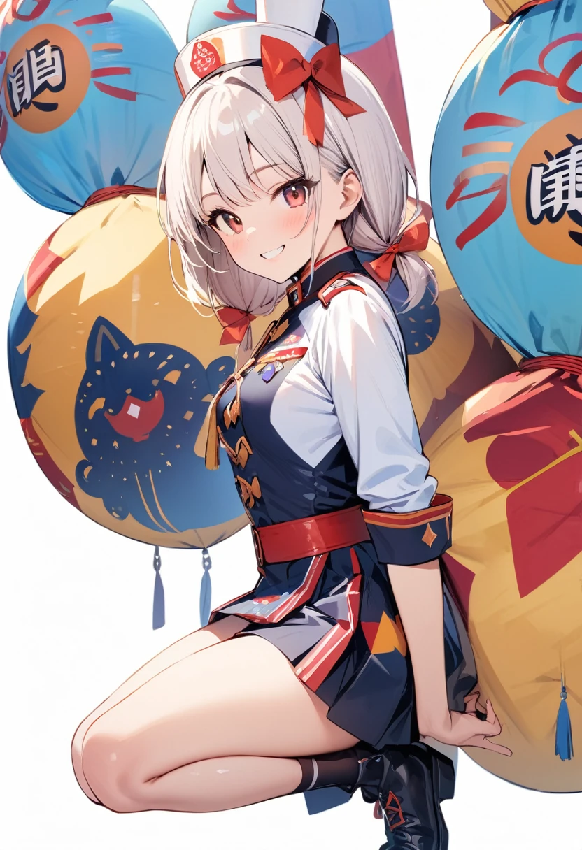 (masterpiece:1.2),Highest quality,Pixiv ,One girl,alone,View your viewers,smile,White background only,whole body,From the side,One knee,,Look to the side、white background only,One girl, Sun Festival, uniform, Mini Shako Cap, Hisaishi, Hair Ribbon, smile, Small breasts,No background
