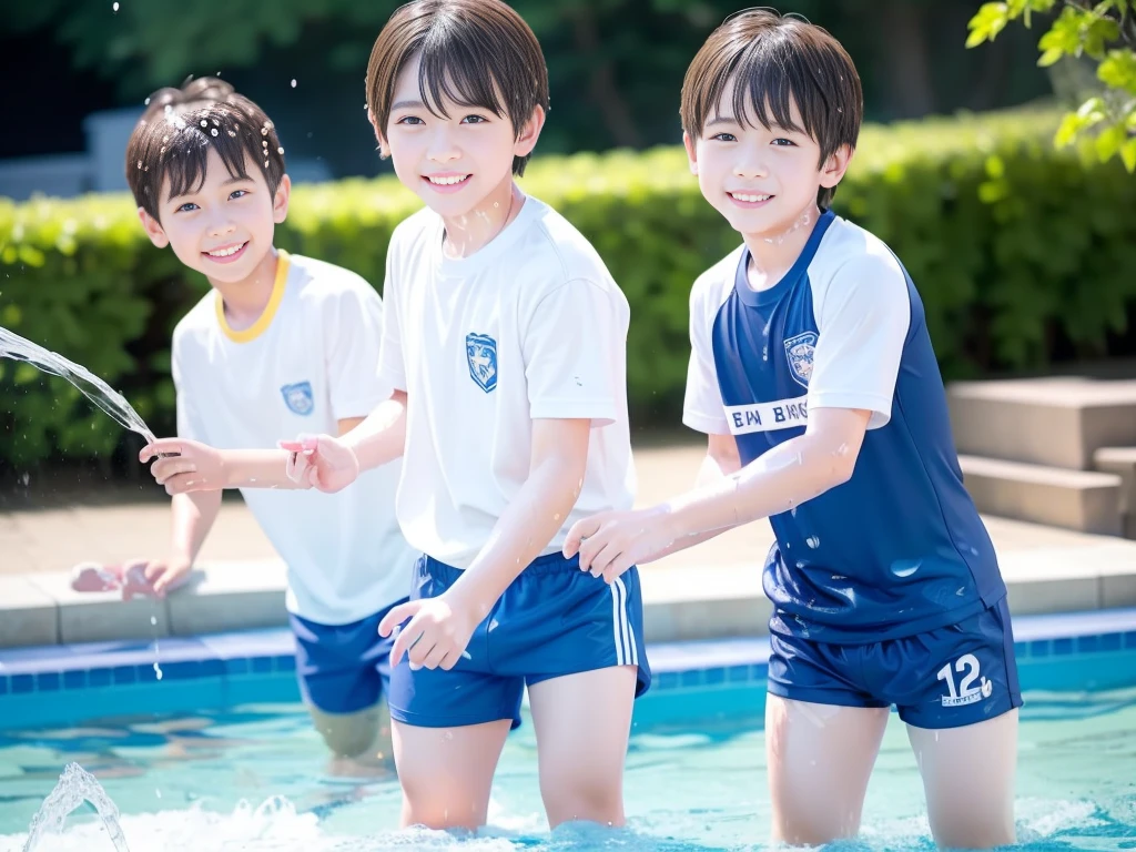 hot summer、、Summer swimming pool、It is sunny、Pouring water on each other、Audible laughter、A lot of boys、Get wet all over、Japan Boy、Glowing water splashes、Pool lessons、Boy playing in water、The happy boys、Strong sunlight、Short sleeve gym uniform、Blue shorts、barefoot,Boys only 、10Year old boy、9Year old boy、Highest quality、masterpiece
