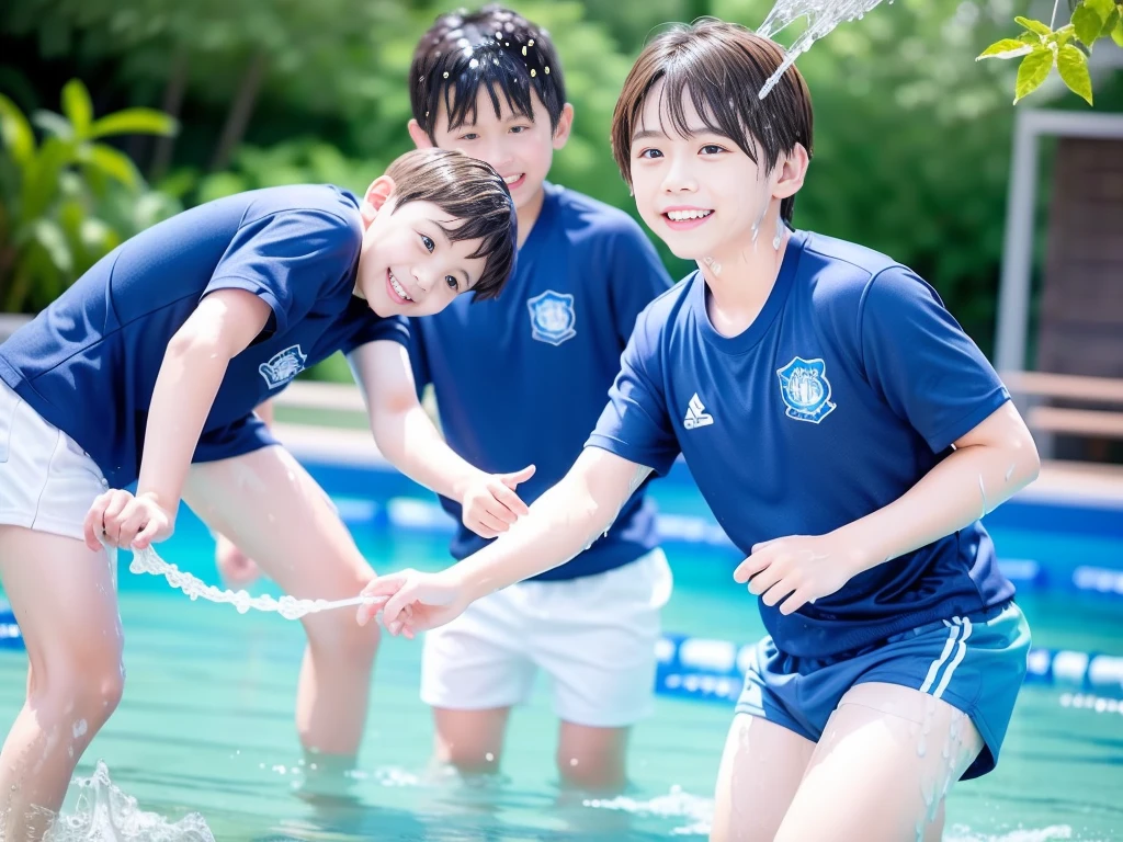 hot summer、primary school、Summer swimming pool、It is sunny、Pouring water on each other、Audible laughter、A lot of boys、Get wet all over、Japan Boy、Glowing water splashes、Pool lessons、Boy playing in water、The happy boys、Strong sunlight、Short sleeve gym uniform、Blue shorts、barefoot,Boys only 、10Year old boy、9Year old boy、Highest quality、masterpiece