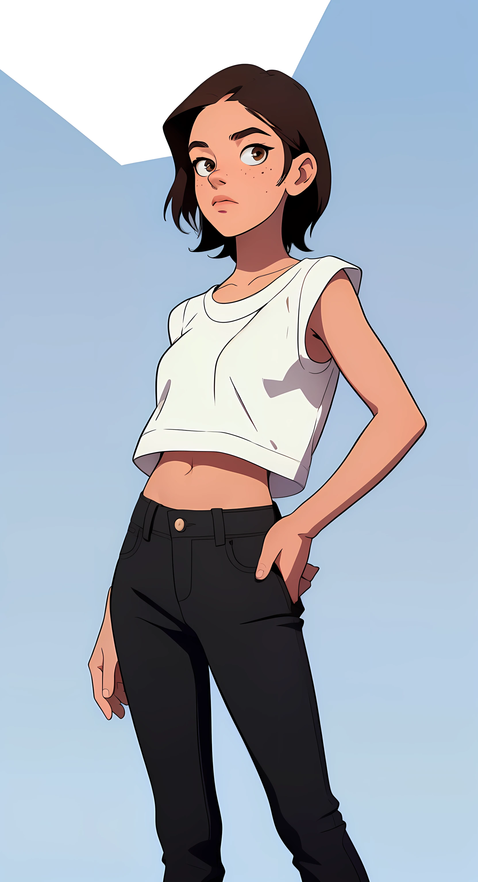 masterpiece, best quality, waist up,1girl,the highest image quality, 17-year-old ager, looks like rachel bilson, short brown hair, brown eyes, freckles, wearing a blue crop top, black jeans,, White background, empty background, waist up , standing normally, RachelBilson