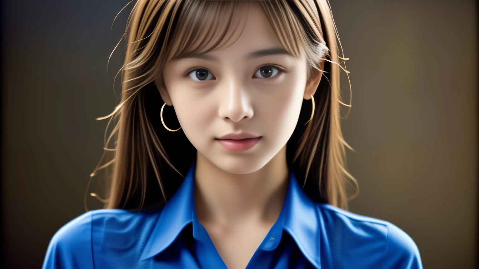 (masterpiece:1.3), (8k), (Highest quality:1.4), (Ultra-high resolution), (Realistic), (RAW Photos), (One girl), (Ultra high definition), (Detailed face), Perfect Face, (Detailed Hair), Beautiful Hair, bangs, Layered Cut, (Symmetrical eyes:1.3), (Detailed eyes), (Detailed skin), Realistic Skin, Ultra-high resolution, (Medium chest:0.6), (Slim figure), (supermodel figures), Cute Japanese Girls, 

(Wearing an Iron Blue damask shirt), Earrings, necklace, 
Portraiture, Photographed inside the cafe:1.3, Cinema Lighting:1.4