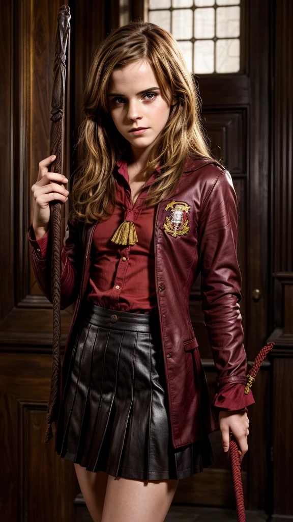 25 year old Emma watson, gryffindor uniform, holding bdsm flogger in right hand