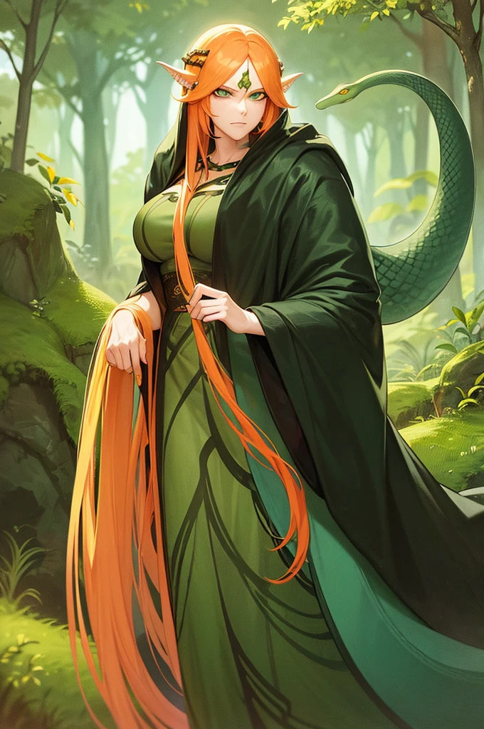 masterpiece, 1 mature woman, snake woman, lamia, snake tail, snake girl, monster girl, long orange hair, Looking down at camera, green eyes, frowning, forest background, ink drawing