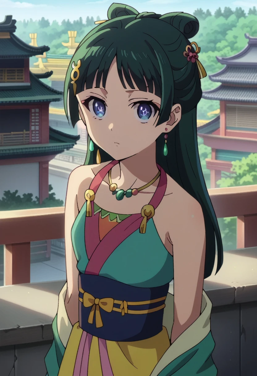 Top quality (8k, high resolution, masterpiece: 1.2), super detailed, anime art style, dynamic angle, teen style, (collarbone, necklace, earrings, party dress, ruffles, earrings, venue), detailed green hair, detailed blue eyes, intricate hairstyle, long hair , slim body, sparkling eyes, youthful, hair accessories, earrings, half-updo, slightly dull bangs, detailed lighting, bright colors, looking at the viewer, in the center of the image, cowboy shot,dynamic pose,oriental hair ornaments, oriental hair pin,firework, balcony,buildings