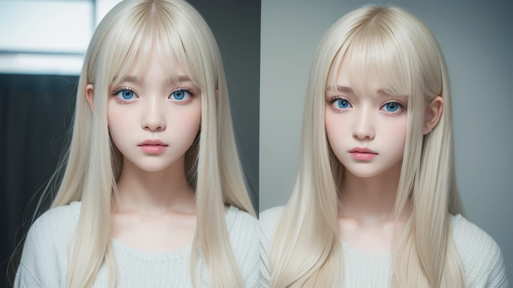 1girl in,  Portrait, Oil Painting, Modern, The most beautiful girl in the world at 14 years old、Realistic proportions、lush lips、The eyes are a very beautiful pale blue.、Beautiful shining dazzling blonde hair、Super long straight hair、disheveled bangs hanging on the face,,、Pure white beautiful skin、Cheek luster、Beautiful face、Round face、Innocent face、bright expression、Juvenile look、Symmetrical face, Symmetrical eyes, Dynamic Pose, Convoluted, Intricate details, Sharp Focus、Small face beauty