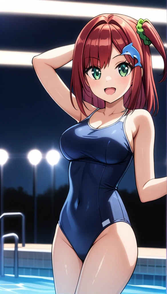 1girl, Sakimiya Iruka, Dolphin Wave, Redhead, One Side Up, Green Scrunchie, Hair Ornament, Green Eyes, Navy Blue Old School Swimsuit, Cowboy Shot, Masterpiece, Top Quality, Very Beautiful, Latest, Cinematic Lighting, High Resolution, Absurd, Incredibly Absurd, Pool