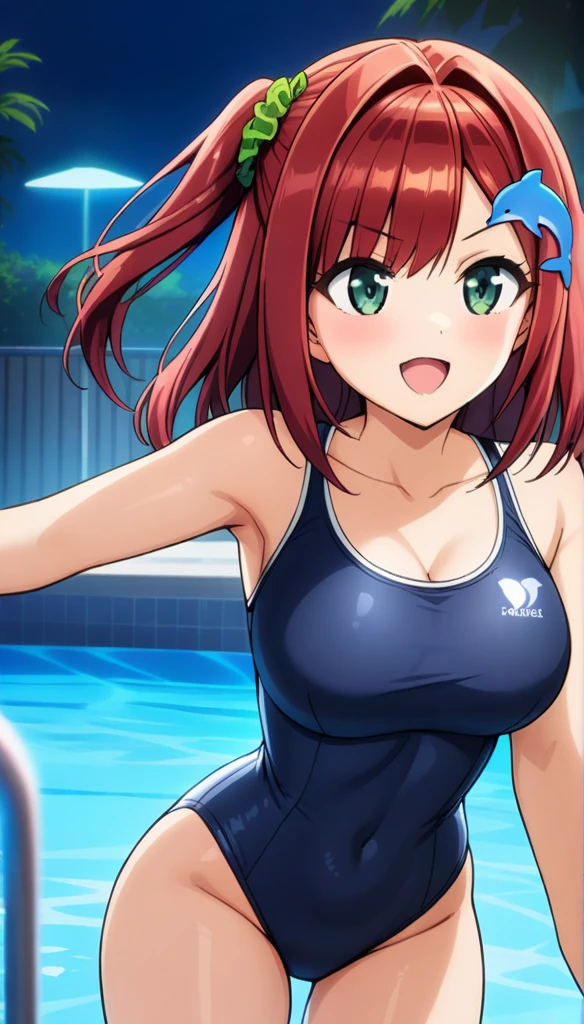 1girl, Sakimiya Iruka, Dolphin Wave, Redhead, One Side Up, Green Scrunchie, Hair Ornament, Green Eyes, Navy Blue Old School Swimsuit, Cowboy Shot, Masterpiece, Top Quality, Very Beautiful, Latest, Cinematic Lighting, High Resolution, Absurd, Incredibly Absurd, Pool