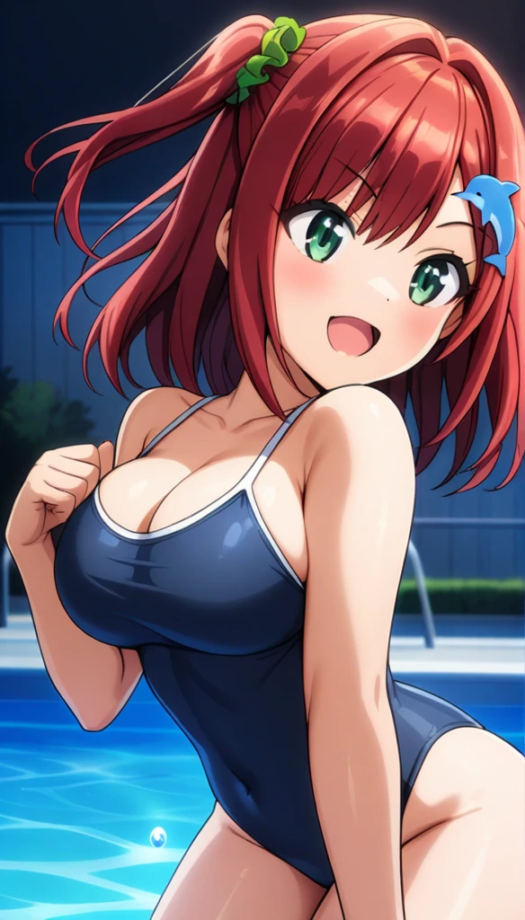 1girl, Sakimiya Iruka, Dolphin Wave, Redhead, One Side Up, Green Scrunchie, Hair Ornament, Green Eyes, Navy Blue Old School Swimsuit, Cowboy Shot, Masterpiece, Top Quality, Very Beautiful, Latest, Cinematic Lighting, High Resolution, Absurd, Incredibly Absurd, Pool