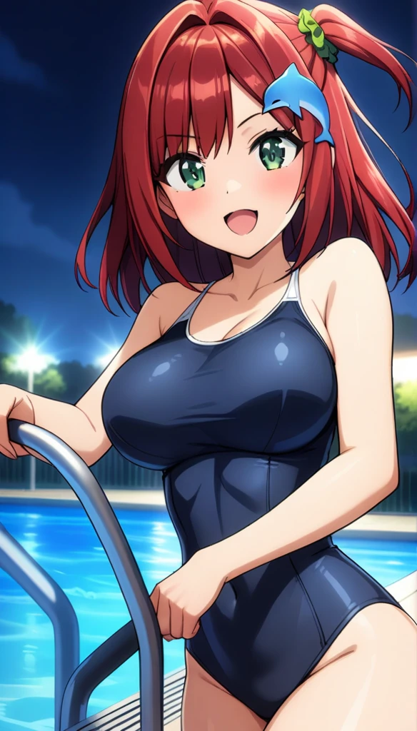 1girl, Sakimiya Iruka, Dolphin Wave, Redhead, One Side Up, Green Scrunchie, Hair Ornament, Green Eyes, Navy Blue Old School Swimsuit, Cowboy Shot, Masterpiece, Top Quality, Very Beautiful, Latest, Cinematic Lighting, High Resolution, Absurd, Incredibly Absurd, Pool