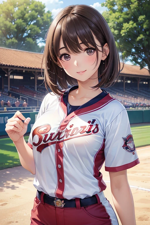 anegasaki nene、Shiny brown hair, short hair, (Beautiful brown eyes、Sparkling eyes, Fine grain)、smile、Ultra-detailed eyes、Highly detailed face, Highly detailed eyes,Cowboy Shot、



(masterpiece:1.2, Highest quality),(Realistic, photoRealistic:1.4),1 female,
((Focus on the upper body))、(((16K、masterpiece、High resolution、High resolution)))、1 young girl))、
((beautiful chestnut hair))、short hair、((Beautiful pretty eyes))、、、Smiling Kindly、Grin、blush、Pink Lip Gloss,
((Baseball uniforms、Short sleeve、Shorts))、((baseball Ground))、((Look up at me))