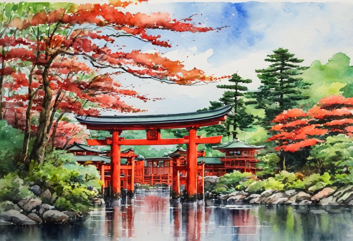 (Street:1.5), (ink and watercolor painting:1.5), (Tasteful:1.5), (ink and watercolor painting:1.5), (full color:1.5), 8k, 4k, (landscapes:1.5),(green trees:1.5),(wind:1.5),(kyoto:1.5) huge red torii gate, lake,