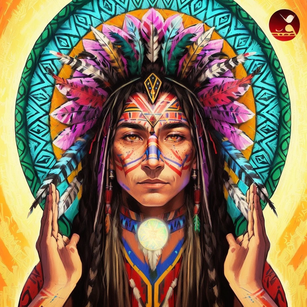 a painting of a native american indian man with a feather headdress, psychedelic shaman, psychedelic organic shaman, art deco shaman, native american art, a shaman sustaining the universe, indian warrior, native american, DMT shamanic epic art, portrait of a digital shaman, native art, visionary art style, healthy techno - lady shaman, : native american shamen fantasy
