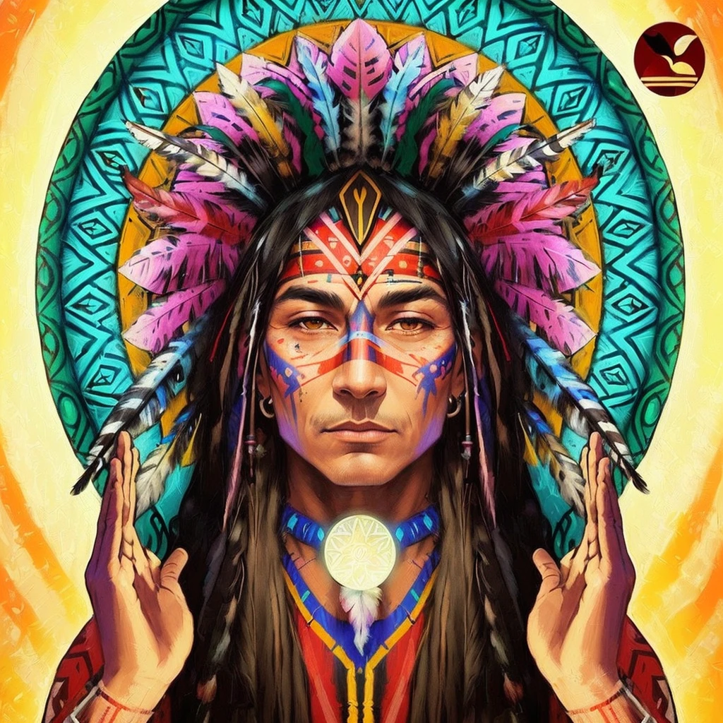 a painting of a native american indian man with a feather headdress, psychedelic shaman, psychedelic organic shaman, art deco shaman, native american art, a shaman sustaining the universe, indian warrior, native american, DMT shamanic epic art, portrait of a digital shaman, native art, visionary art style, healthy techno - lady shaman, : native american shamen fantasy