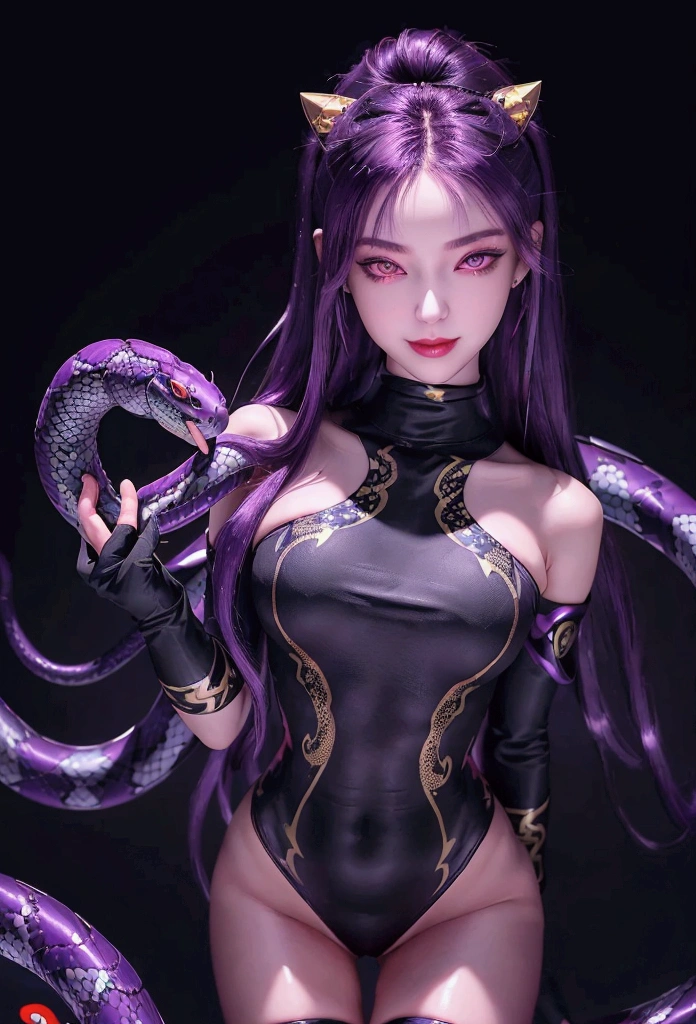 ((ultra realisitic)), ((picture-perfect)), ((face perfect)), ((ultra detaild)), ((fully body)), ((perfectbody)), a girl with purple hair in the shape of snakes, wearing a black dress with gold details, Red eyed girl, vertical pupils, long socks, sensuous, provocative smile, fully body, neutral background,
