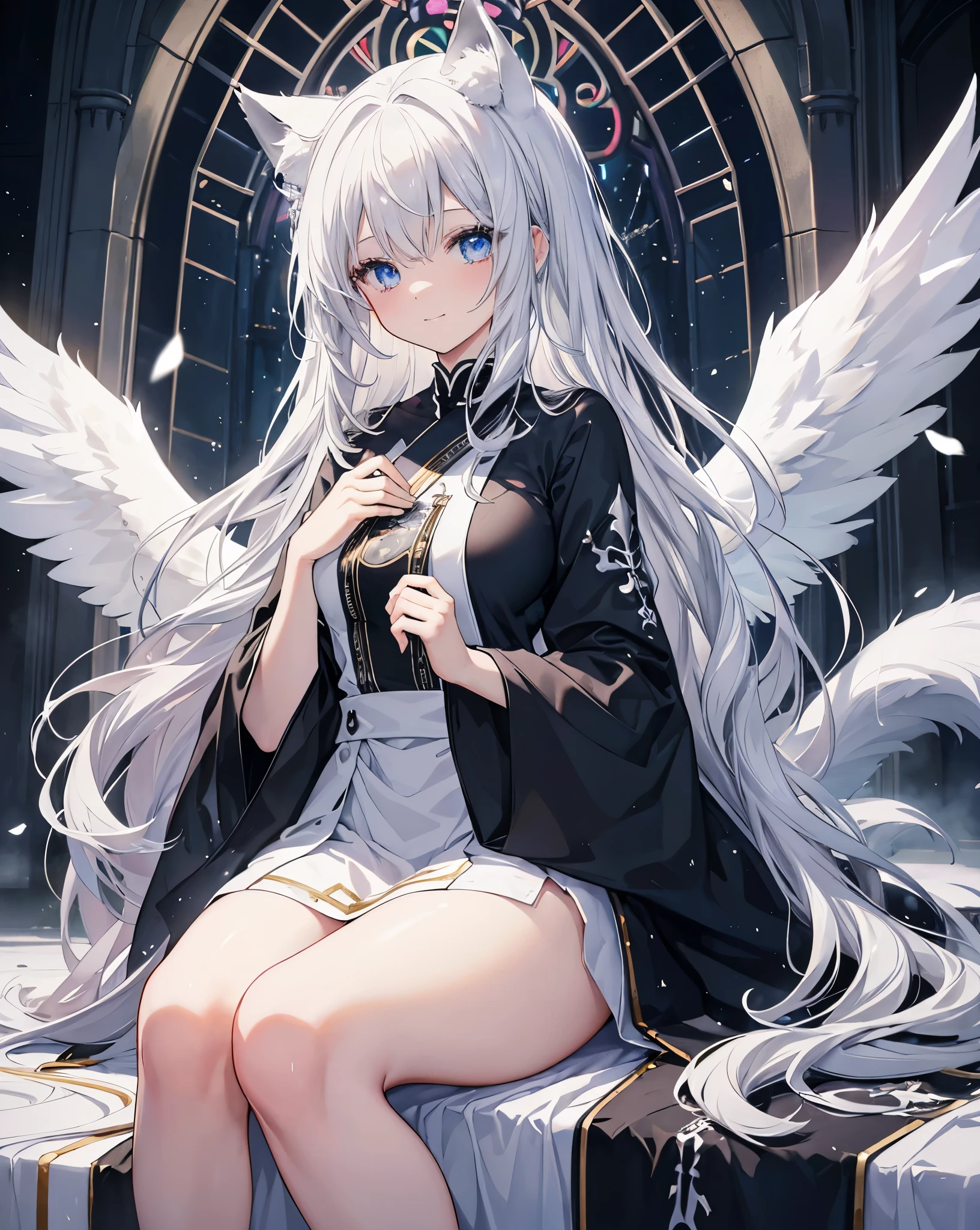 Very long hair、Silver Hair、Detailed sparkly eyes、Blue eyes、Three pairs of angel wings、Embarrassing、Nervous smile、shine、reflected light、ultra clear digital painting、 anime masterpiece、Textured Skin、Super Detail、High Detail、high quality、最high quality、High Resolution、16K、shine、Monastic Clothes、Nuns、church、Stained glass. ((neko ears)), ((silver fox tail)), she's playing the piano while lots of white and black feather are falling from the sky. HDR, lots of light effects and lightflare. she's skinny with medium breasts.