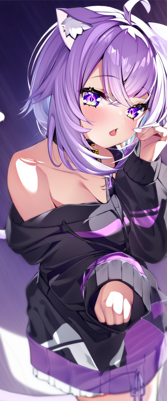 one girl, Nekomata Okayu, cat ears, purple hair,