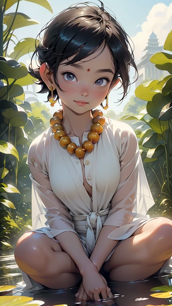 ((Siddhartha Gautama)),((Buddha)),(man:1.5,male gender,1 man,male,masculine,manly), (1boy:1.3), muscle, pectoral, muscular,young man,((Like Buddha,Jinting,Round Gold Ring,cool guy)),

(man pectoral:1.4,),(((Buddha head haircut, Arhat head haircut, Shaolin haircut,black hair,Buddha's knot haircut))),(((black_eyes:1.3))),intricate eyes,beautiful detailed eyes,symmetrical eyes,(((lustrous skin:1.5,tanned skin,bright skin: 1.5,skin tanned,shiny skin,very shiny skin,shiny body))),man chest,((detailed face)),(((prominent ears,long ears))),slim build man,

serene smile,

((The facial features are as a Buddha statue)),((A string of Buddha beads wrapped around his hand,Tie a string of wooden Buddha beads)),((huge bead necklace on the neck)),((Kasaya tunic, orange tunic, Sanghati cloak)),((bulge in loincloth)),((barefoot)),

((serene pose,Namaskara mudra)),looking at viewer,centered,scale to fit dimensions,Rule of thirds,

outdoors,(indian palace,indian palace background,pyramids in the background),scenery,(oasis,oasis background),extremely scenery,(puddles everywhere,moss,moss on the background),clouds,indian style,indian castle,lily pads,palms,reeds,(sunset, golden hour),

(Glossy indian ornaments),highres,sharp focus,(ultra detailed,extremely detailed),(photorealistic artwork:1.37),(extremely detailed CG unity 8k wallpaper),(((vibrant colors,vibrant theme))),(intricate),(masterpiece),(best quality),artistic photography,(photography taken by sldr),(intricate background),perfect rendered face,perfect face details,realistic face,photo realistic,((intricate detail)),(((realism))),
