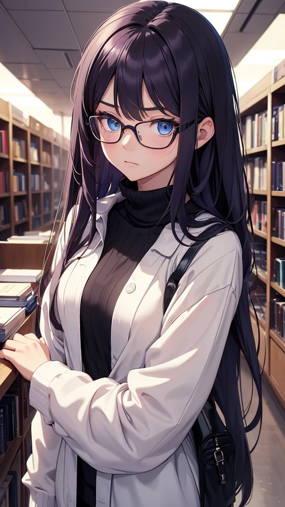 (Top resolution、Distinct_image)top-quality、(A girl) 、​masterpiece、highly detailed, half body, Semi-realistic、 ( blue eyes ) 、18year old,
 ( dark purple hair ) ,young 、Exquisite facial 
An expression of embarrassment, Shy girl,
(Wear glasses) ,Facial features ,variation potrait, long  hair  , teenage, cool , cold sharp eyes, , {Very detailed 8k CG unit wallpaper}, students, whit oversized shirt ,library background, (black sweater on top)