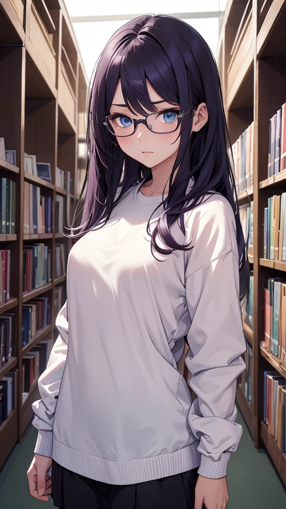 (Top resolution、Distinct_image)top-quality、(A girl) 、masterpiece、highly detailed, half body, Semi-realistic、 ( blue eyes ) 、18year old,
( dark purple hair ) ,young 、Exquisite facial
An expression of embarrassment, Shy girl,
(Wear glasses) ,Facial features ,variation potrait, long hair , teenage, cool , cold sharp eyes, , {Very detailed 8k CG unit wallpaper}, students, whit oversized shirt ,library background, (black sweater on top)