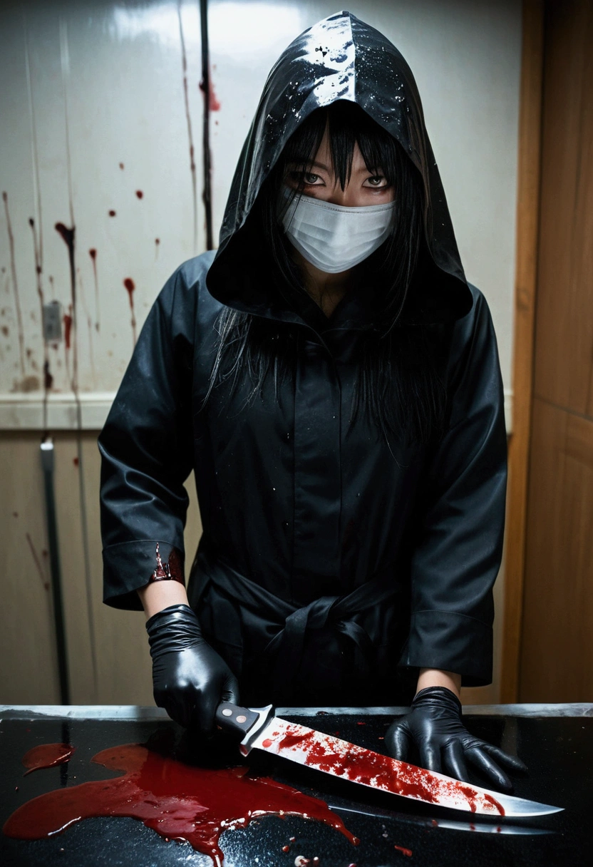 japanese beautiful girl, (behind corpse, surgical mask), holding knife, stabbing, black gloves, room full of blood, black raincoat, hood up, holding knife, black gloves, behind corpse, blood splatter, long bangs, black wet suit, night, mass murderer, robbery, dark atmosphere, cinematic lighting, atmospheric realistic,