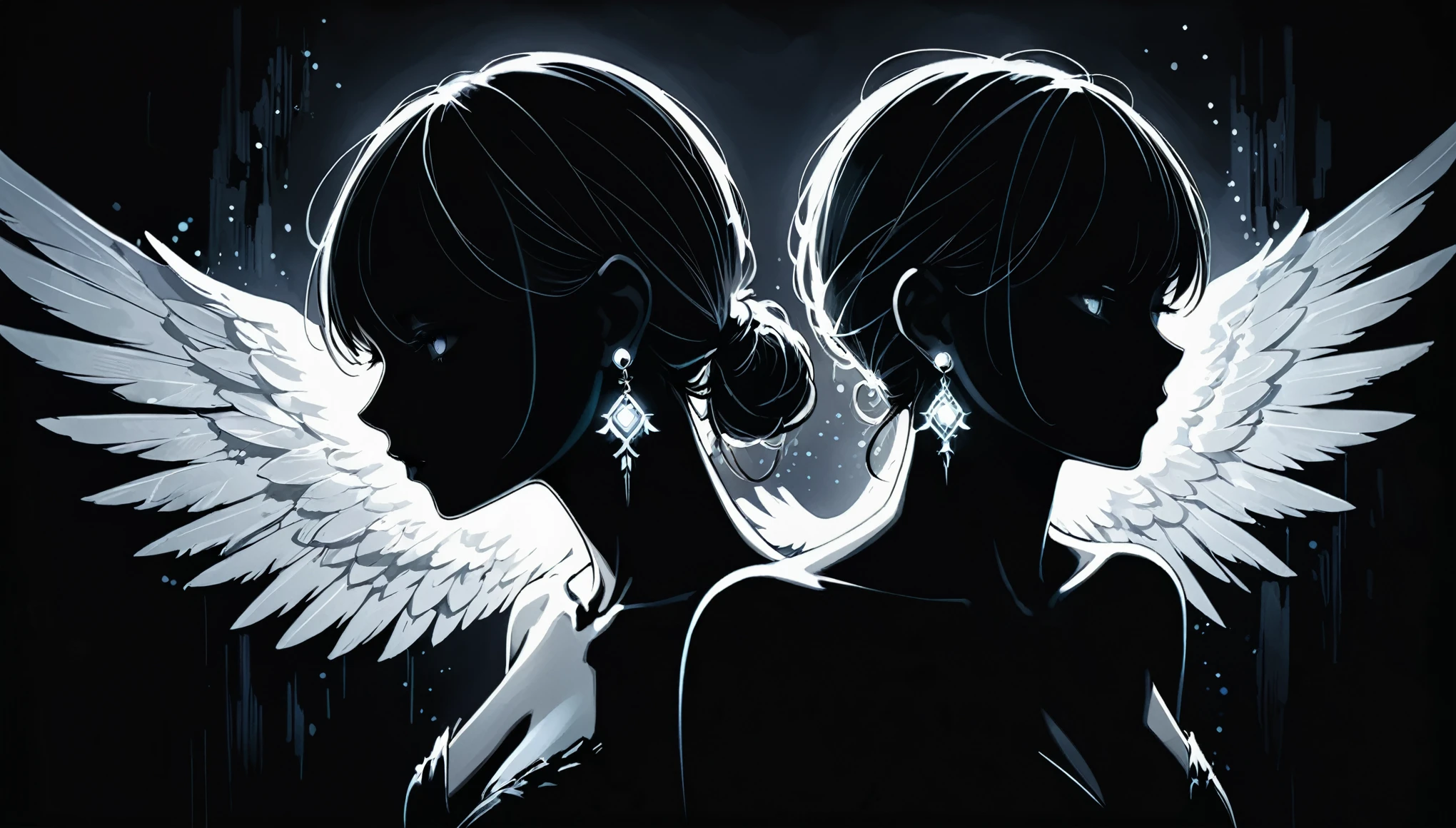 in style of Ashley Wood,in style of by Liu Ye,(in style of Santiago Caruso:0.9),
1girl,darkness,totally dark,in the incomprehensible gloom,1 girl,
(earrings emit intense bright light to break the darkness:1.3),faint lights,dark tones,absolutely dark glow,black_background,(obscured light:1.2),medium_shot,(the glow of the earrings illuminates the face collarbones and shoulders:1.1),(a strong contrast between light and darkness:1.2),from_side,light painting,lightline,anime illustration style,(light painted wings:1.3),light paints ear wings,silhouette,blurry,dithering,