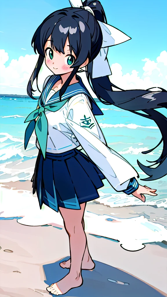 Anime characters white skin,Long black hair, Standing on the beach is a masterpiece, Highest quality, Detailed skin, Detailed eyes, Deep blue eyes,8k, Good shading, Detailed Background, Excellent anatomy 、Sailor suit with green ribbon、Black sailor suit collar、Black pleated skirt、smiling, Blushing, Feet out of frame, ponytail, 