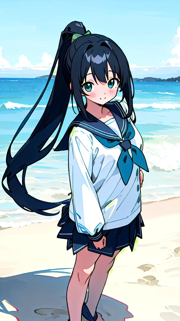 Anime characters white skin,Long black hair, Standing on the beach is a masterpiece, Highest quality, Detailed skin, Detailed eyes, Deep blue eyes,8k, Good shading, Detailed Background, Excellent anatomy 、Sailor suit with green ribbon、Black sailor suit collar、Black pleated skirt、smiling, Blushing, Feet out of frame, ponytail, 