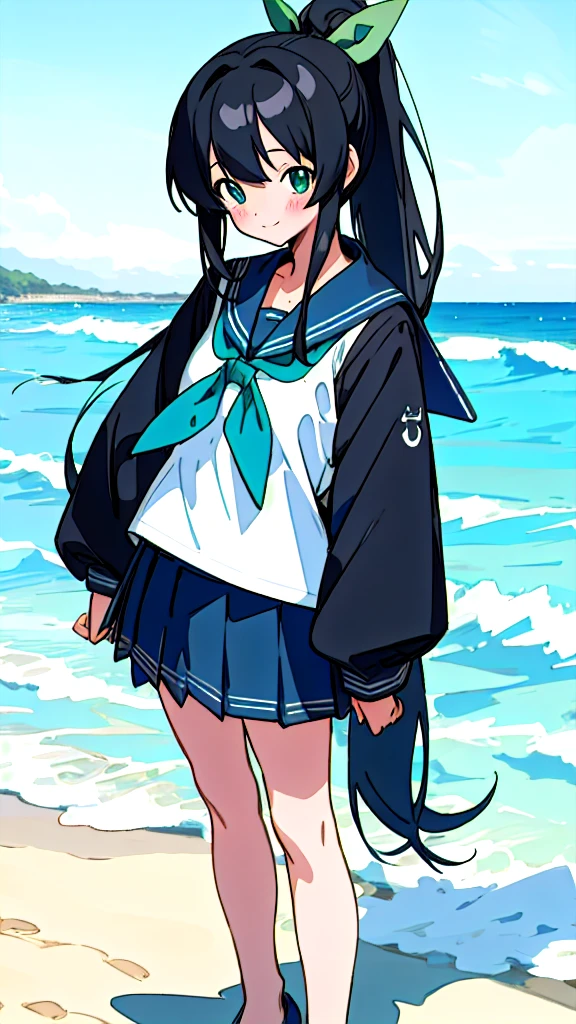 Anime characters white skin,Long black hair, Standing on the beach is a masterpiece, Highest quality, Detailed skin, Detailed eyes, Deep blue eyes,8k, Good shading, Detailed Background, Excellent anatomy 、Sailor suit with green ribbon、Black sailor suit collar、Black pleated skirt、smiling, Blushing, Feet out of frame, ponytail, 