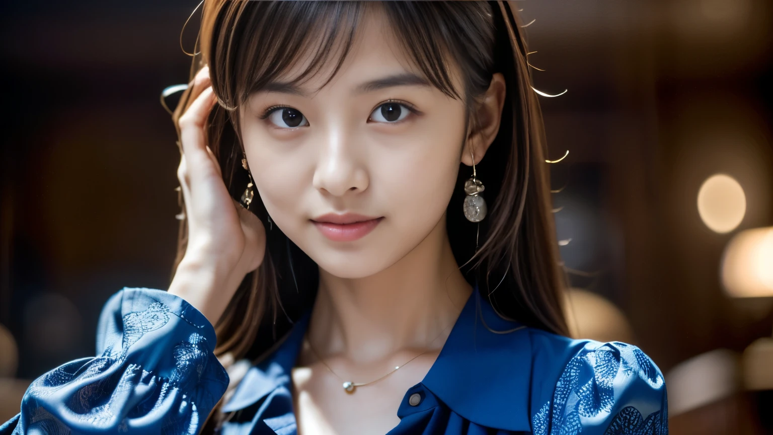 (masterpiece:1.3), (8k), (Highest quality:1.4), (Ultra-high resolution), (Realistic), (RAW Photos), (One girl), (Ultra high definition), (Detailed face), Perfect Face, (Detailed Hair), Beautiful Hair, bangs, Layered Cut, (Symmetrical eyes:1.3), (Detailed eyes), (Detailed skin), Realistic Skin, Ultra-high resolution, (Medium chest:0.6), (Slim figure), (supermodel figures), Cute Japanese Girls,
(Wearing an Iron Blue damask shirt), Earrings, necklace,
Portraiture, Photographed inside the cafe:1.3, Cinema Lighting:1.4