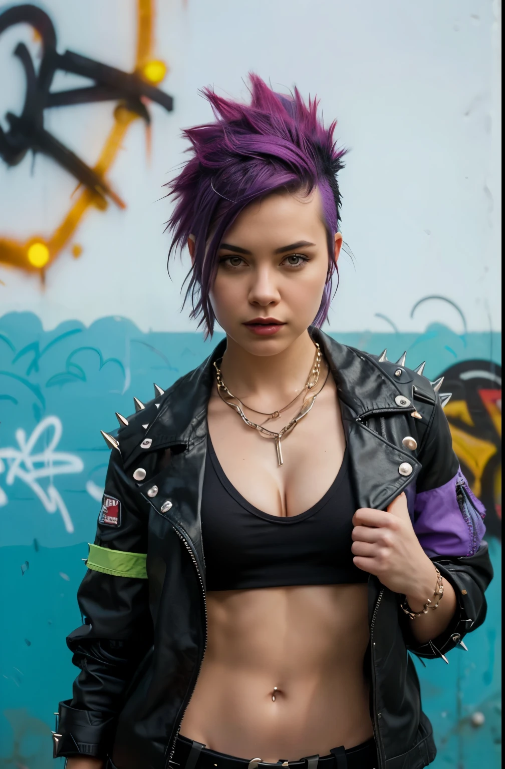 (Artwork, best quality:1.2), 1 girl ,intrincately detailed, "Punk Girl", in dynamic pose, ((spiky mohawk hair, purple punk hair, wearing a black jacket, chains, Rocket style, tatuados , hot body, abdomen)) . Shallow depth of field, vignette, highy detailed, high budget, bokeh, cinemascope, temperamental, epic, marvelous, film grain, grainy. ((Abandoned Graffiti Wall Background, cinematic lighting )).